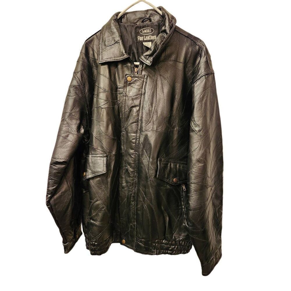 LeWorld Jacket Bomber Black Leather Patchwork Zip Front Pockets Lined Size XL